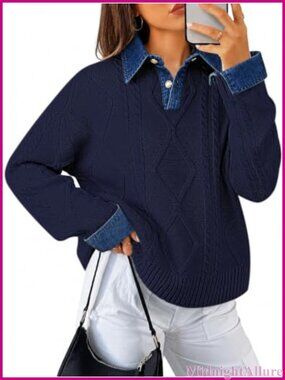Womens Cable Knit Sweater Denim Polo Pullover Button Down V Neck Oversized